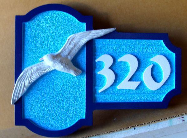 L21609  – HDU Coastal Residence Address Sign, with Carved  3-D Seagull in Flight