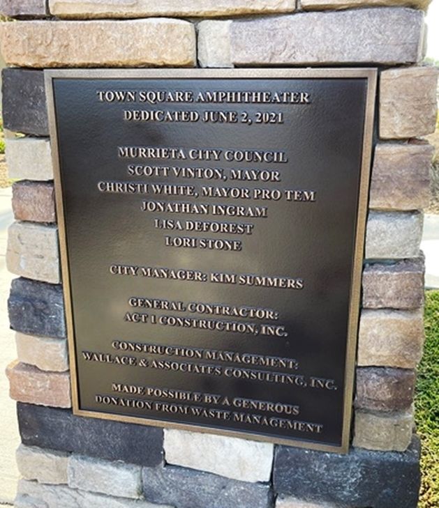 F15560 - Carved Raised Relief Bronze-Plated HDU Commemoration  Sign for the Murrieta Town Square Amphitheater 