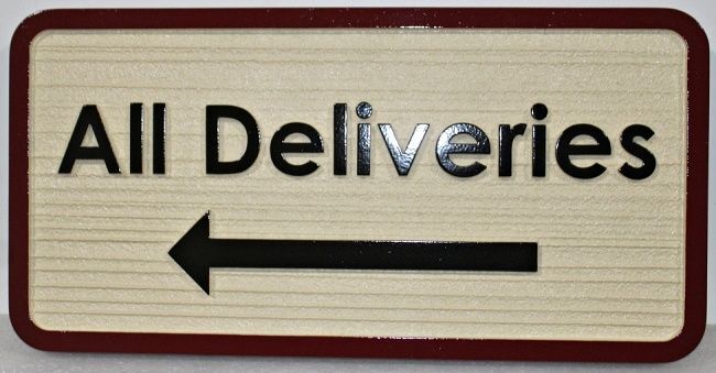 Q25647 - Carved and Sandblasted HDU Wayfinding Sign for "All Deliveries"