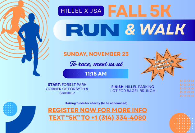 Flyer for the Hillel x JSA Fall 5K Run and Walk on Sunday, November 23