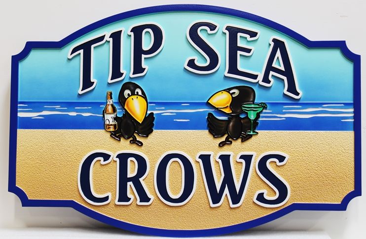 L21654 - Carved  2.5D Multi-level   Beach House Sign "Tip Sea Crows", with  Two Crows, a Beach, and the Ocean as Artwork