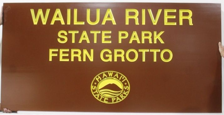 G16213A - Painted Cedar Wood Monument Sign for "Wailua River State Park Fern Grotto" for Hawaii State Parks