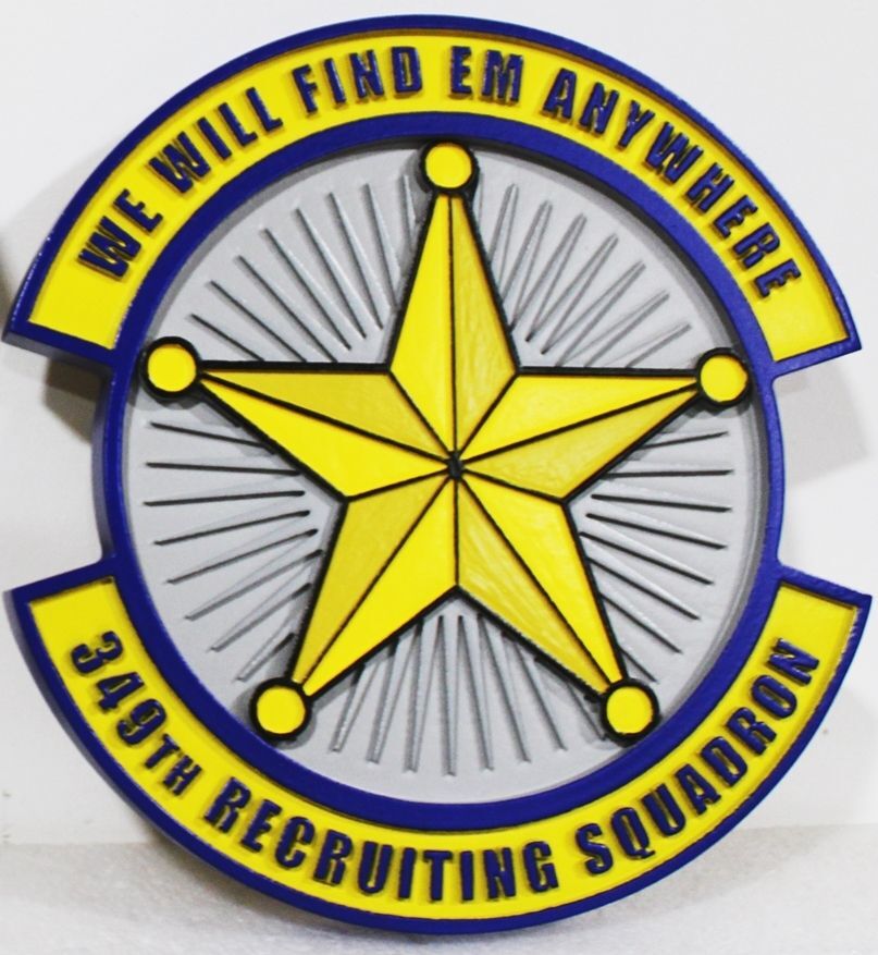 LP-8730 - Carved 2.5-D Multi-Level Plaque of the Crest of the 349th Recruiting Squadron with Motto "We will Find Em Anywhere"
