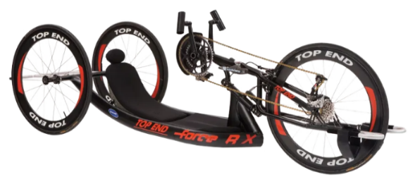 Black Hand-pedaled Recumbent Trike with red writing on the sides