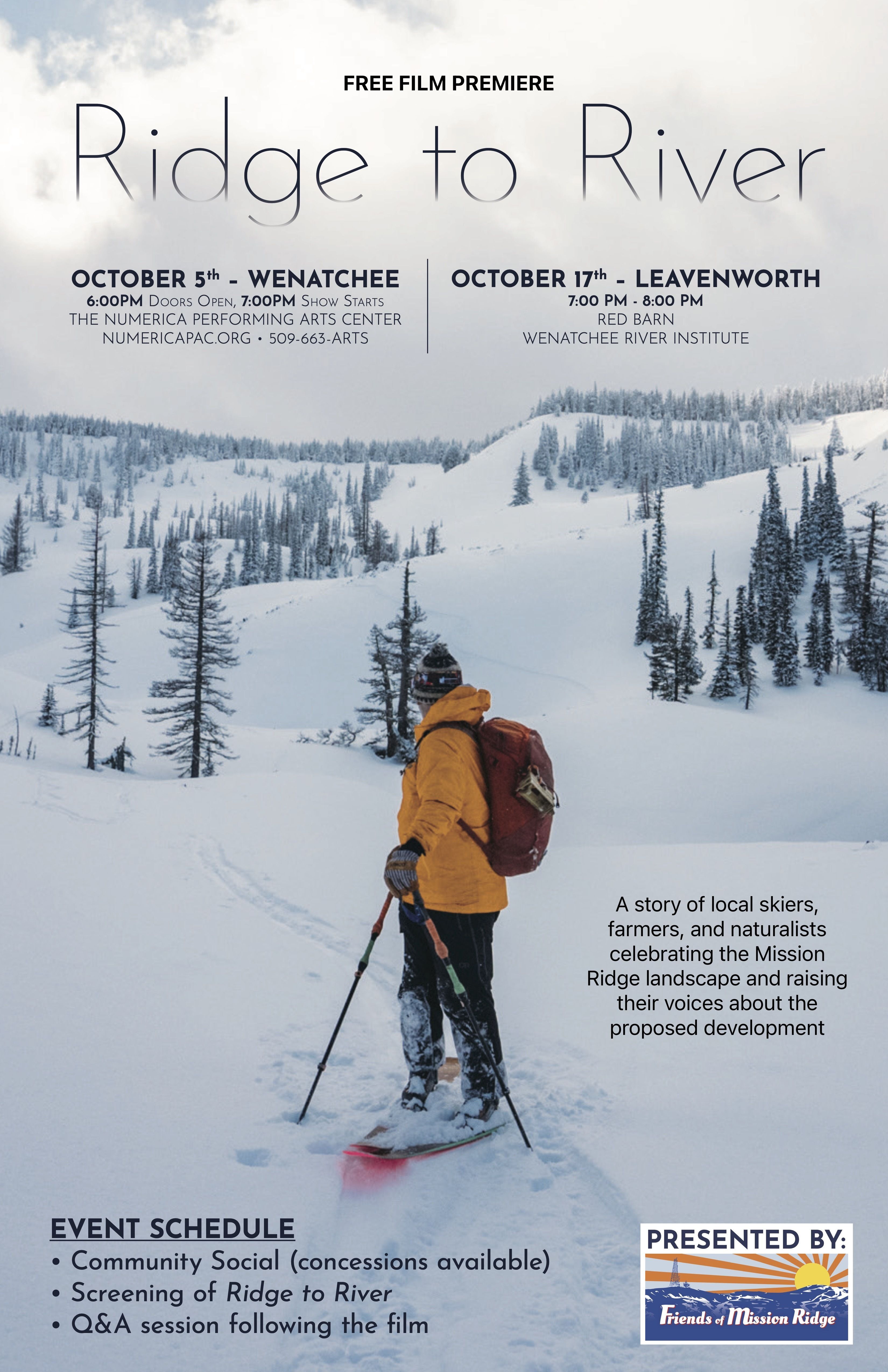A skier wearing a big yellow coat looks back at a snow-covered landscape with trees, mountains, and ski tracks.
