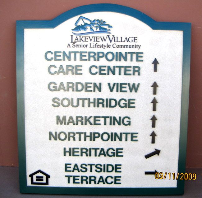 KA20596 - Carved Wood Grain HDU Sign for "Lakeview Village Senior Lifestyle Community" with Equal Housing Symbol 