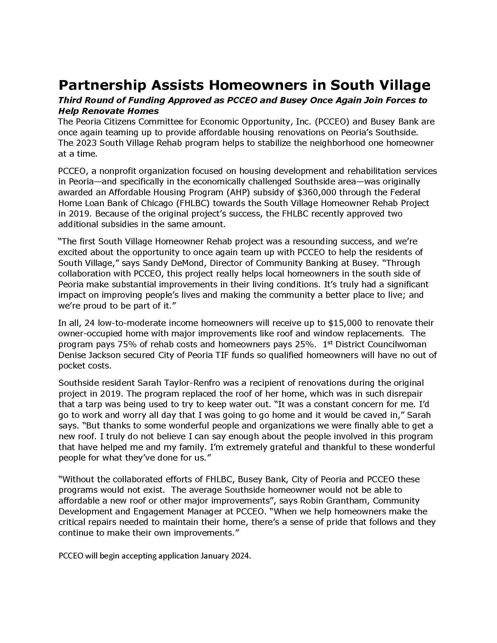 South Village Rehab Project Press Release 11/8/23