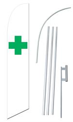 Green Cross White Swooper/Feather Flag + Pole + Ground Spike