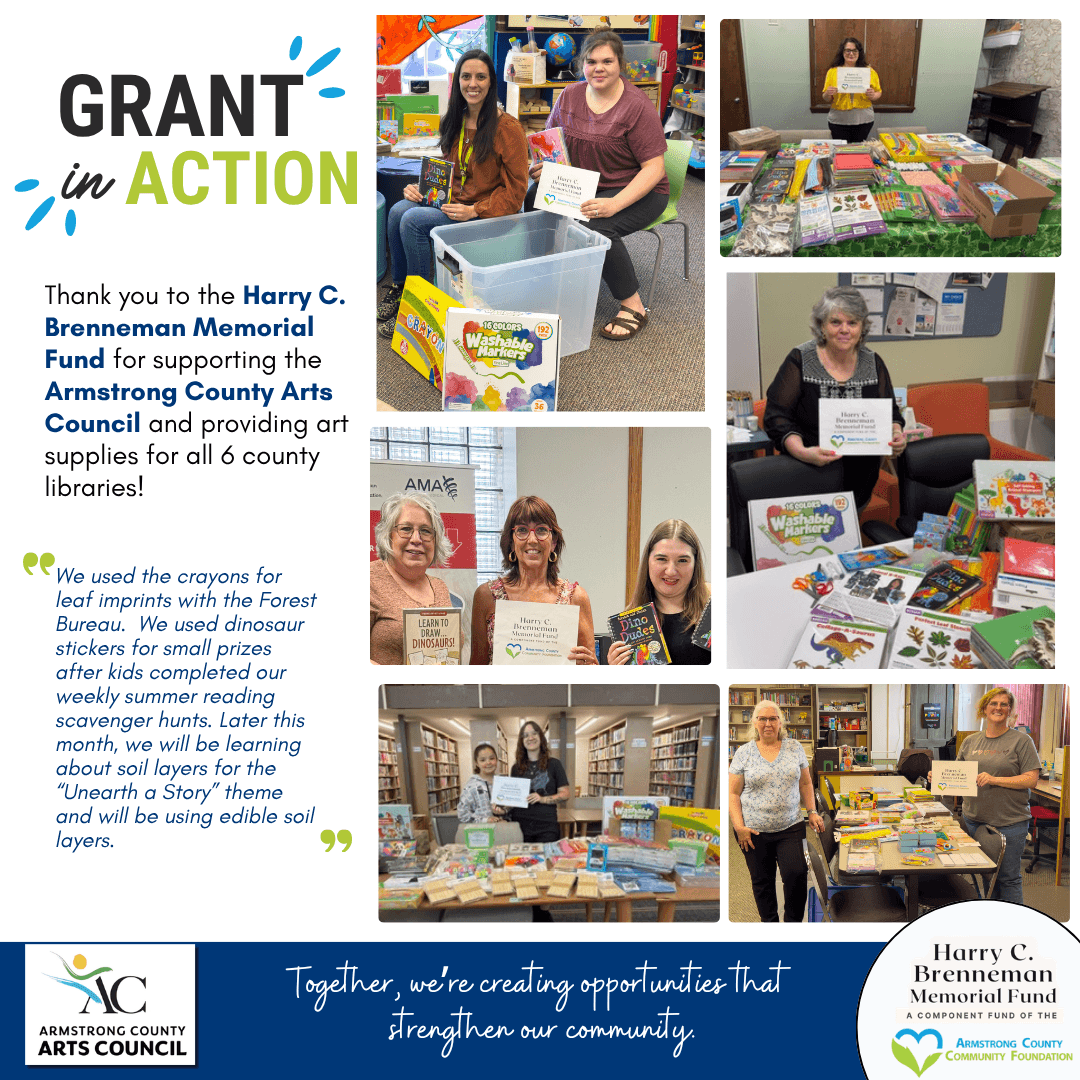Armstrong County Arts Council Director Donna Weckerly delivering art supply kits filled with creative materials to Armstrong County libraries through a grant from the Harry C. Brenneman Memorial Fund