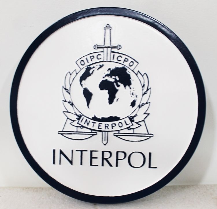 OP-1038 - Carved 2.5-D Outline Relief HDU Plaque of the  Crest for INTERPOL, the International Police  Organization