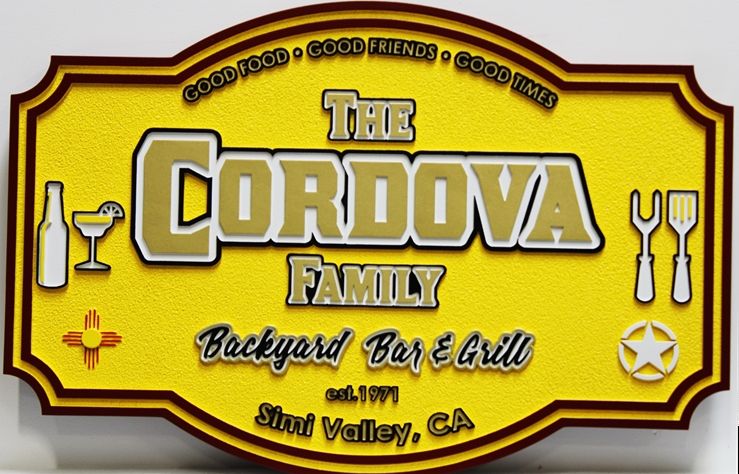 I18789 - Carved HDU Sign for the Cordova Family's Backyard Bar & Grill, with Drinks and Barbecue Utensils as Artwork