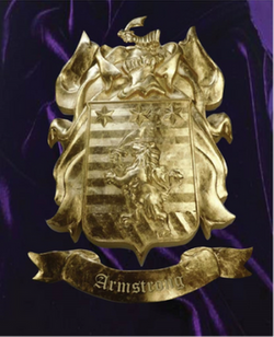 XP-1035 - Carved Plaque of Coat-of-Arms with Helmet , Shield, Rampant Lion, Scimitar, Flourishes, and Banner , 3-D bas-Relief Gilded with 24K Gold Leaf
