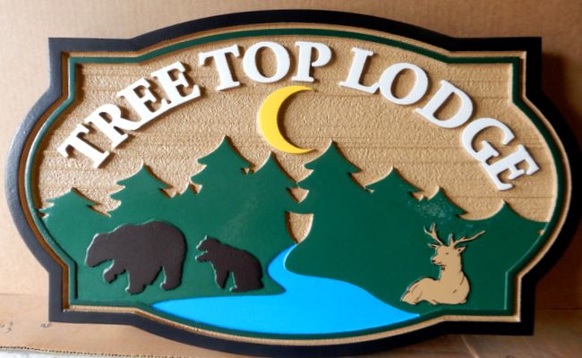M22860 - Carved, Wood Look HDU Sign "Tree Top Lodge" with Carved Bears and Forest