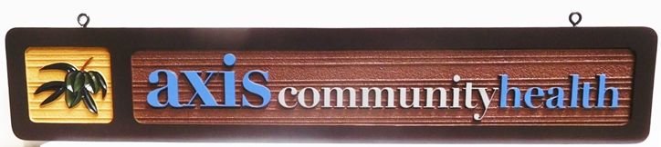 B11098 - Carved and Sandblasted  Wood Grain Entrance Sign for the Axis Community Health Organization, 2.5-D Artist-Painted