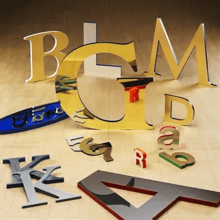  MA3200 - Individual Letters Cut from Thin Acrylic and Plated with Brass, Aluminum or Gold Coatings