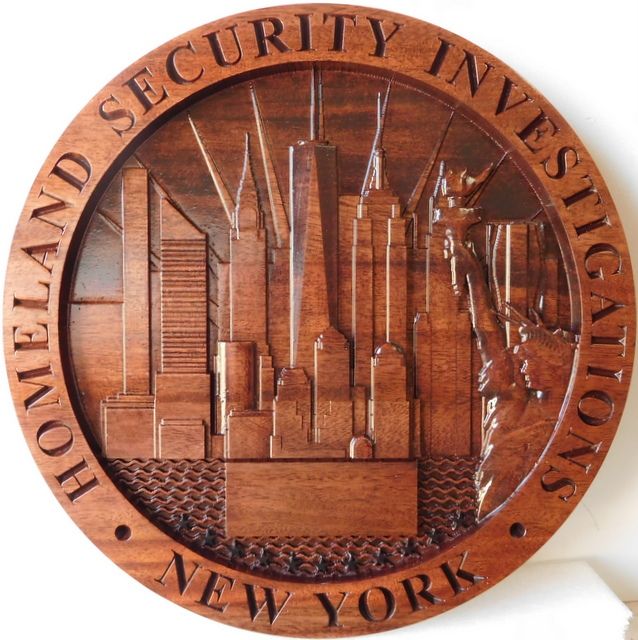 PP-3312 - Carved Plaque of the Seal of Homeland Security Investigations, New York City, 3-D Mahogany