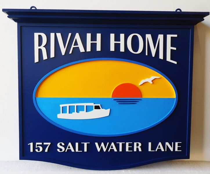 L21463 - Carved Coastal Home Name Sign , "Rivah Home", features the ocean, a Setting Sun, Seagull, and a Stylized Boat as Art