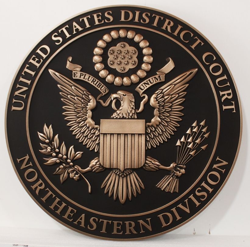 FP-1399A - Carved 3-D Bas-relief Bronze-Plated Plaque of the Seal of the US District Court , Northeastern Division
