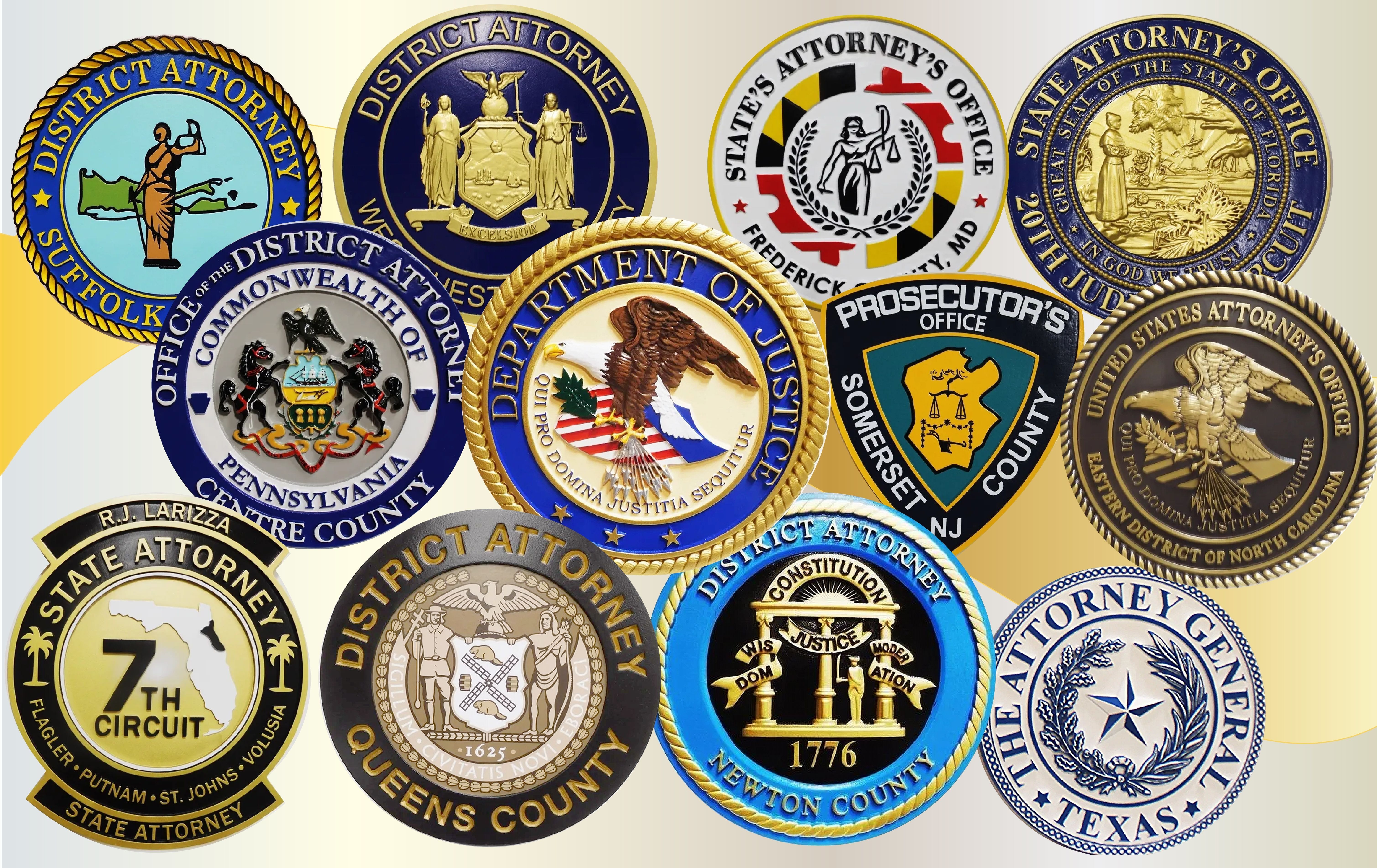 Seal Plaques for Federal, State, County & City Government Prosecuting Attorneys, featuring distinctive regional emblems, materials, and artistic styles 