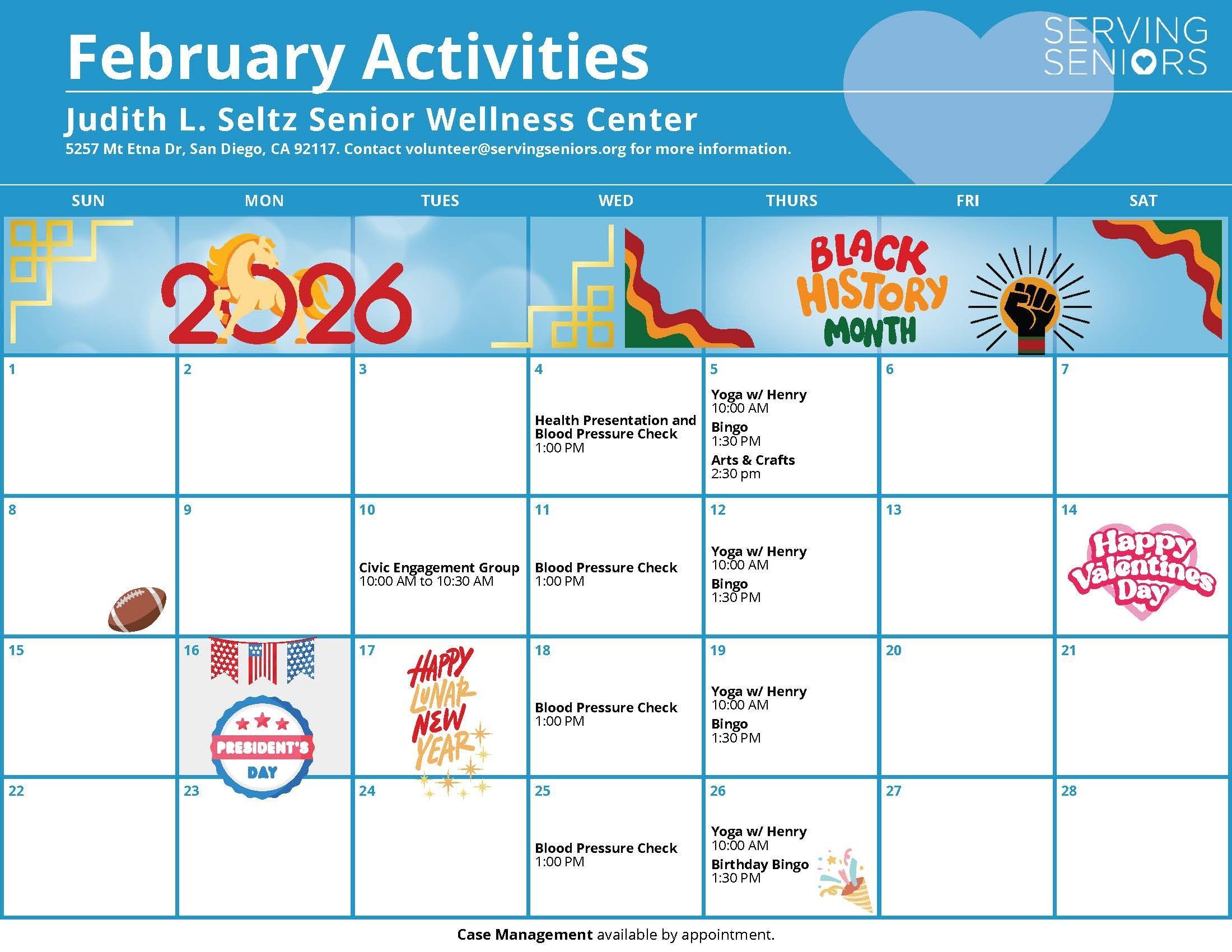 Click to download the Judith L. Seltz Wellness Center February 2026 Activities Calendar