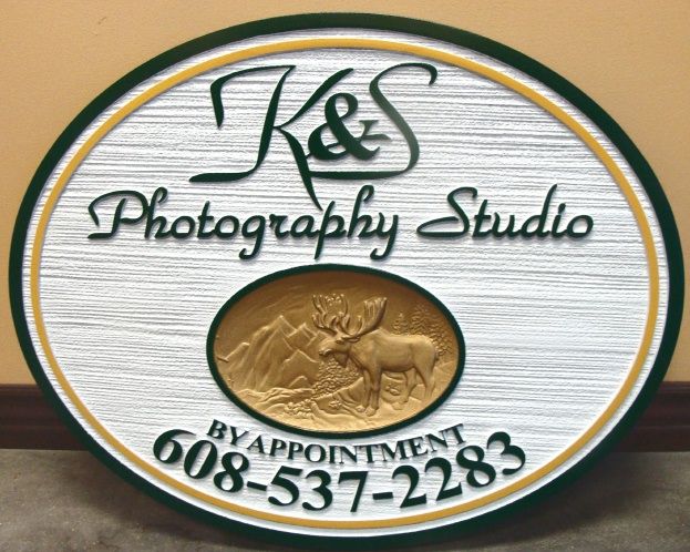 SA28421 - Attractive Wood-Grain Sign for"K&S  Photographic Studio", with Recessed 3-D Carving of a Moose