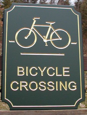 H17230A - Engraved  HDU "Bicycle Crossing" Sign, with Bicycle as Artwork and 24K Gold-Leaf Gilded Text and Art