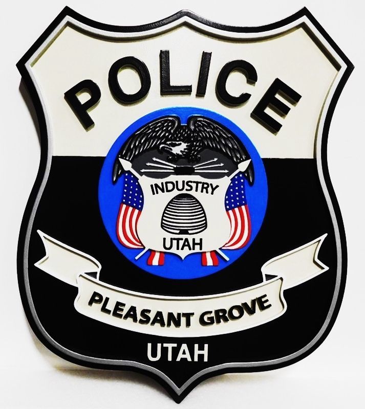 PP-3151- Carved Badge Plaque of the Seal of the Police Department of  Pleasant Grove, Utah, 2.5-D Artist-Painted