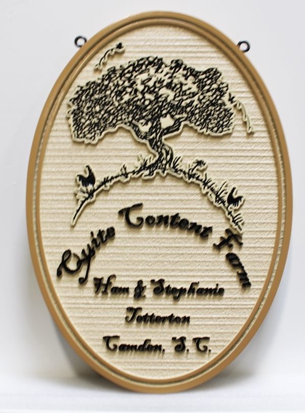 O24871 - Carved and Sandblasted Wood Grain  HDU Sign for  Quite Content Farm, with a Large Oak Tree as Artwork