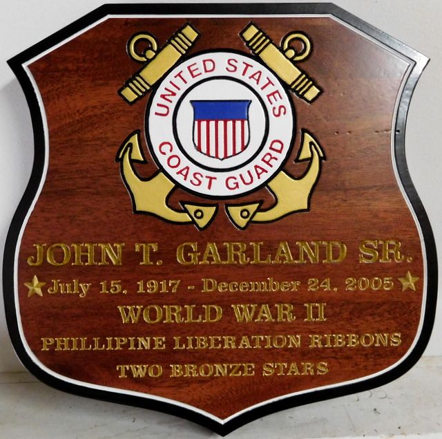 NP-2810 - Carved Shield Memorial Name Plaque  for  US Coast Guardsman,  Mahogany Wood  and Artist Painted