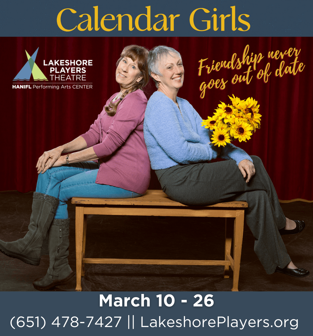 Two women sitting back-to-back to promote this play about lifelong friendship.