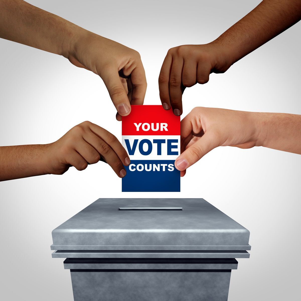 Hands holding a "your vote matters" paper above a ballot box