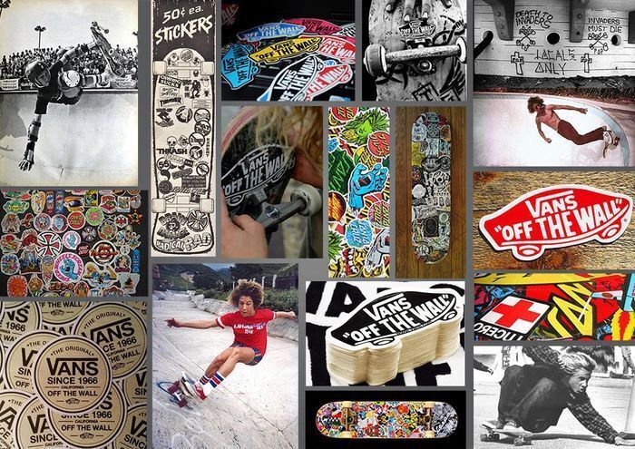 Collage of vintage Vans skate stickers, decks, and riders, showing classic sticker marketing ideas rooted in skate culture history.