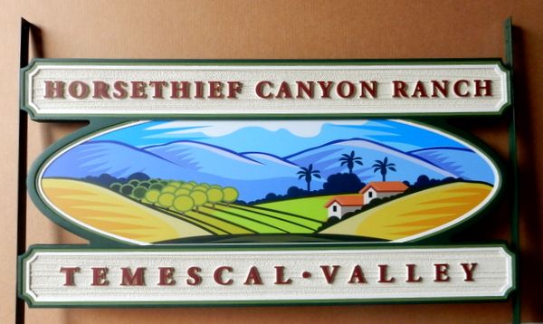 O24868- Carved Ranch Property Sign with House, Mountains and Orchards