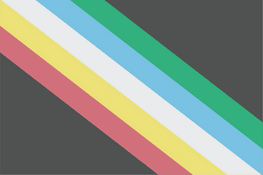 green, blue, white, gold, red stripes at an angle across a dark gray background