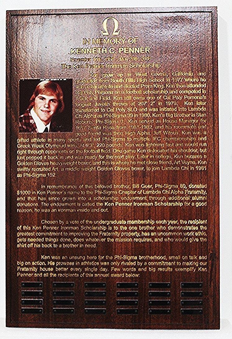 SP-1917 - Engraved Mahogany Memorial Plaque for Kenneth Penner Listing the Recipients of Ken Penner Scholarship, for the Phi Sigma Zeta Chapter  of the Lambda Chi Alpha College Fraternity