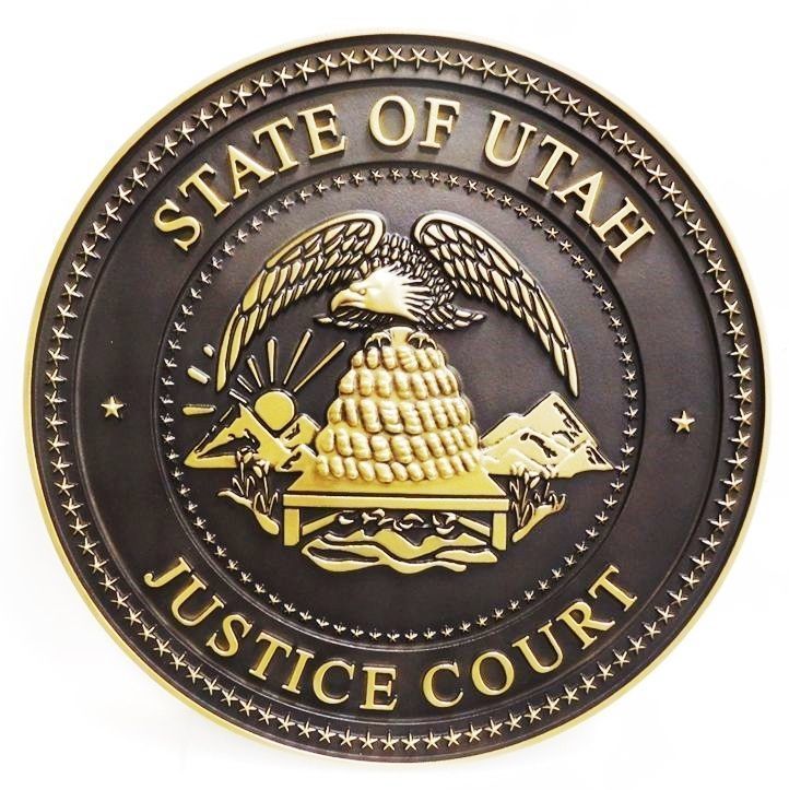 HP-1178 - Carved 3-D Bas-Relief HDU Plaque of the Seal of a Justice Court,  State of Utah 