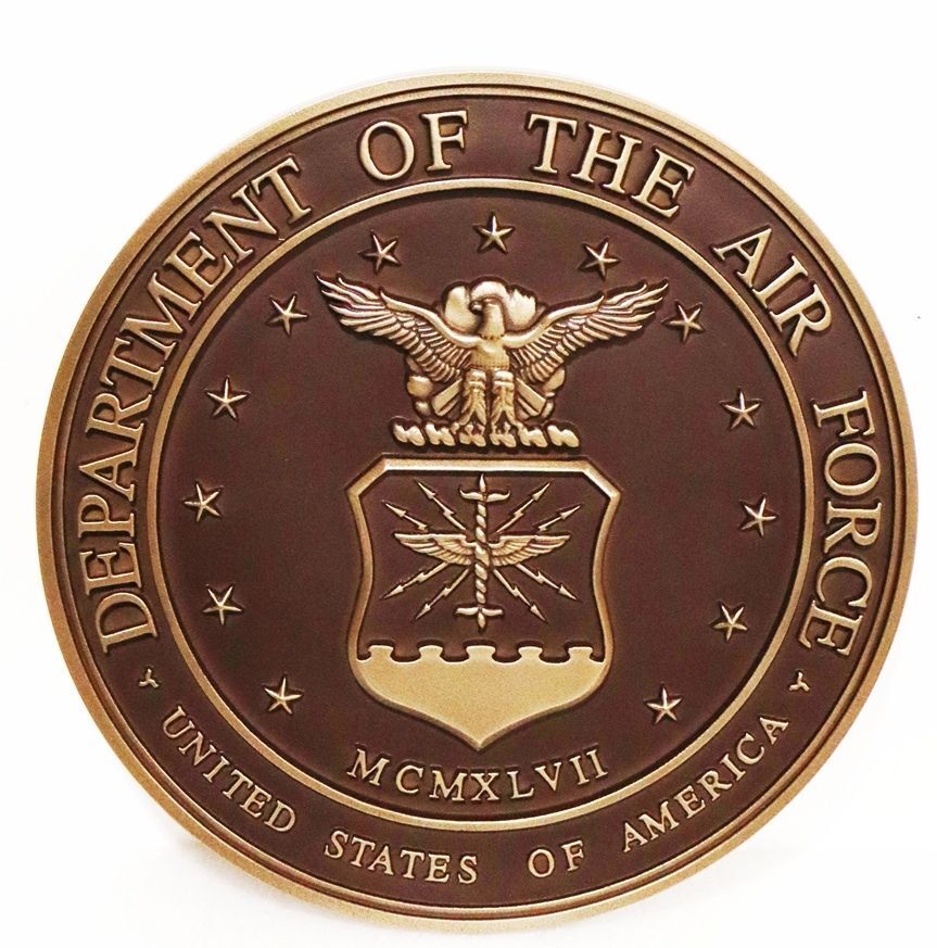 LP-1034 - Carved 3-D Bas-Relief Plaque of the Seal of the United States Air Force, Bronze Metal Plated