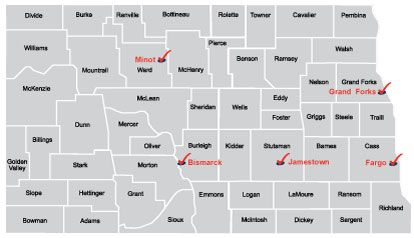 A map that shows locations of Child Care Aware offices in North Dakota