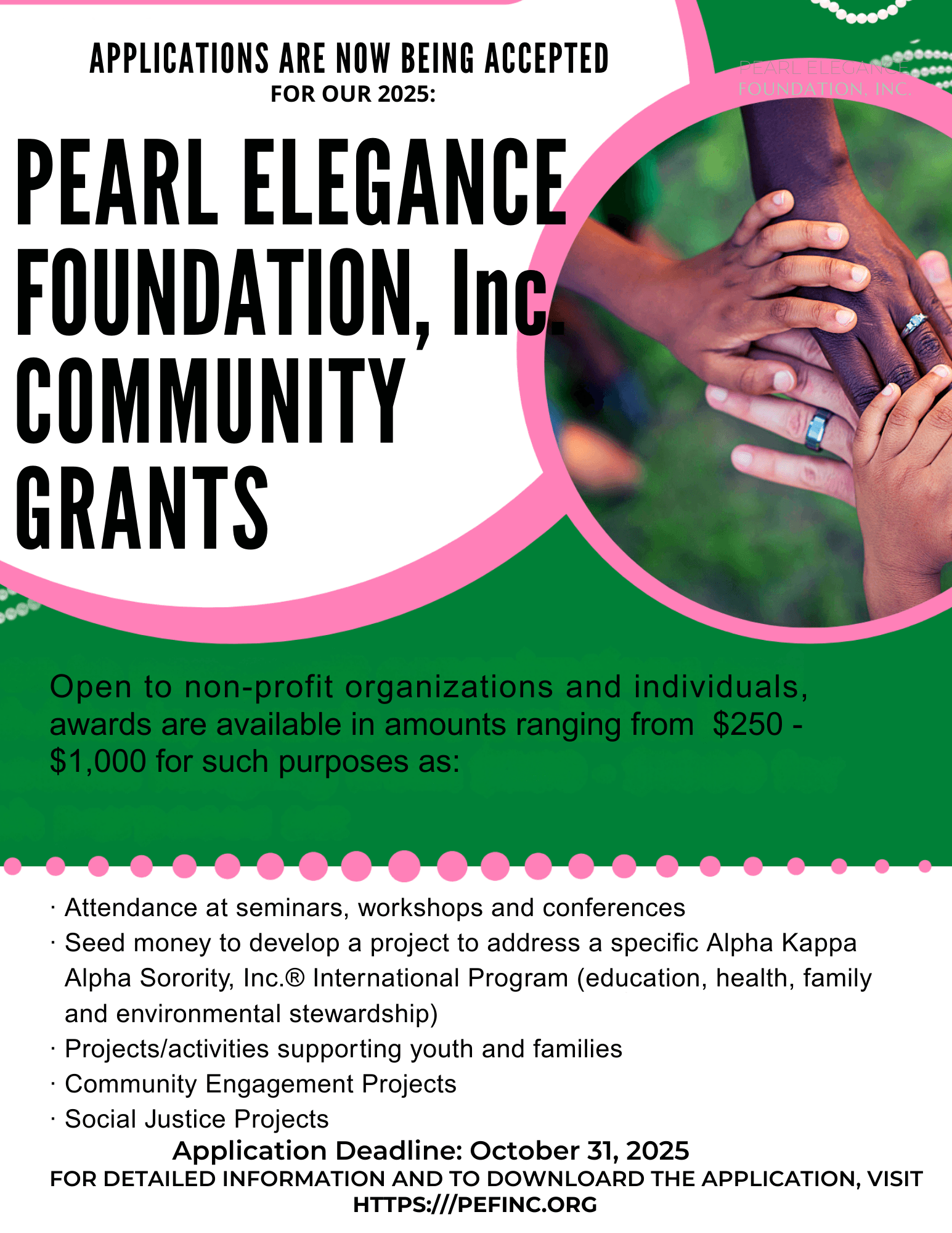flyer with white background and hands in unity to express community