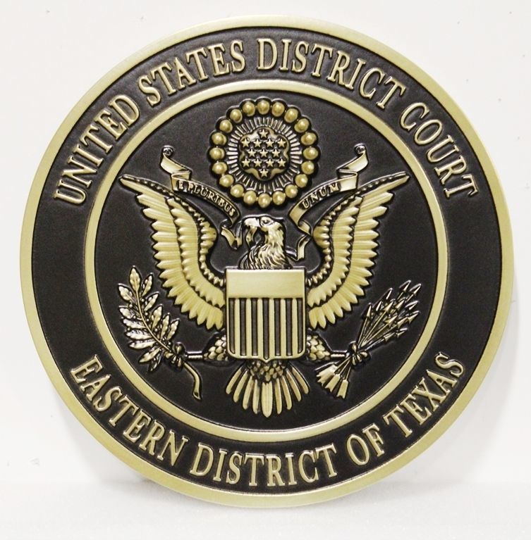 FP-1386 - Carved 3-D Brass-Plated HDU Plaque of the Seal of the United States District Court, Eastern District of Texas