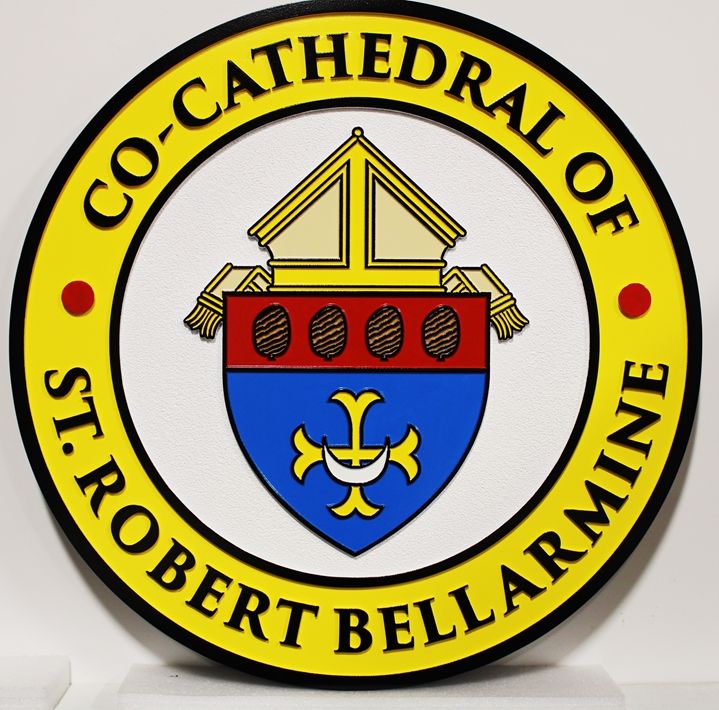 D13242 - Carved 2.5-D  HDU Wall Plaque  of the Seal for  the Co-Cathedral of St. Robert Bellarmine