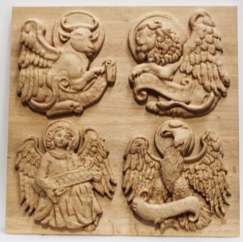 D13290 - Carved 3-D Maple Wood Plaque, with  Four Symbols of the Christian Church (Angel, Eagle, Lion, Bull) 