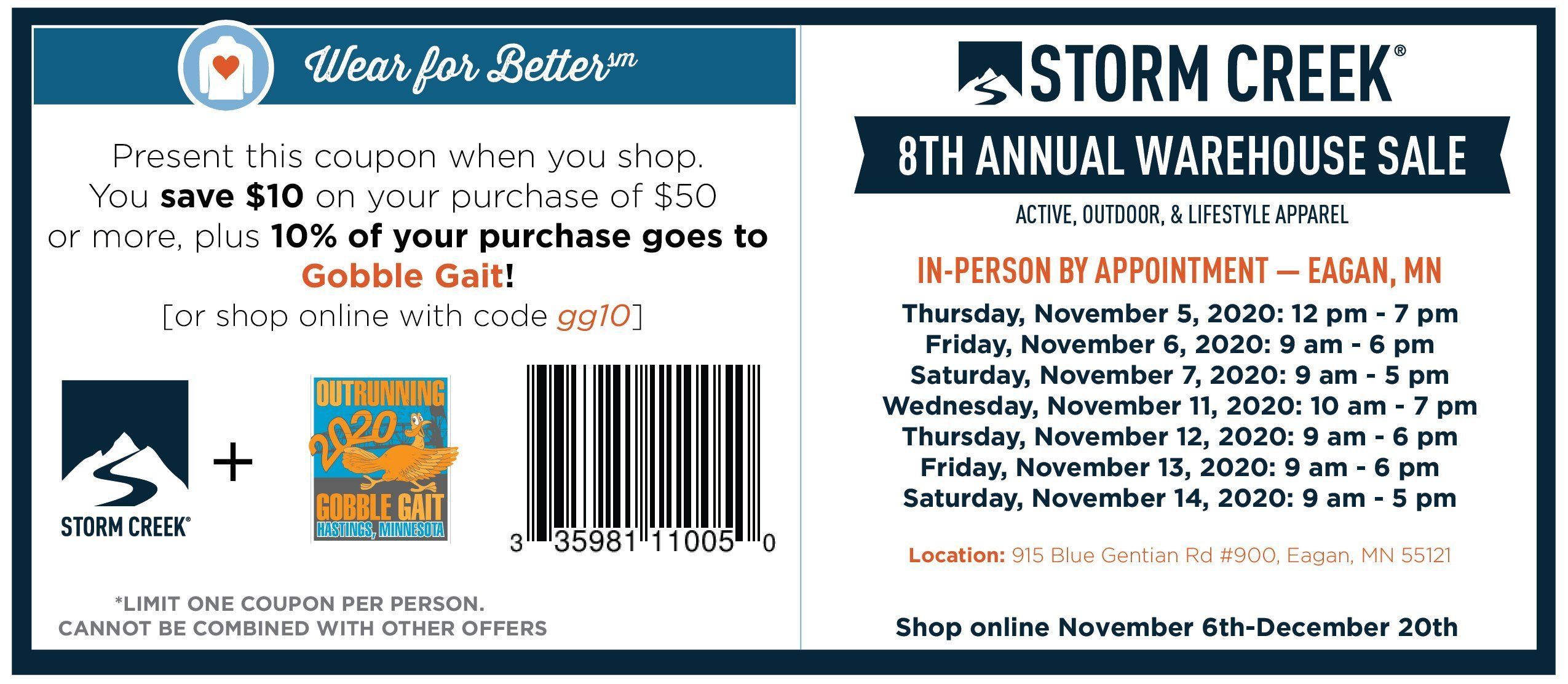 Use a Gobble Gait Coupon at the Storm Creek Warehouse Sale!