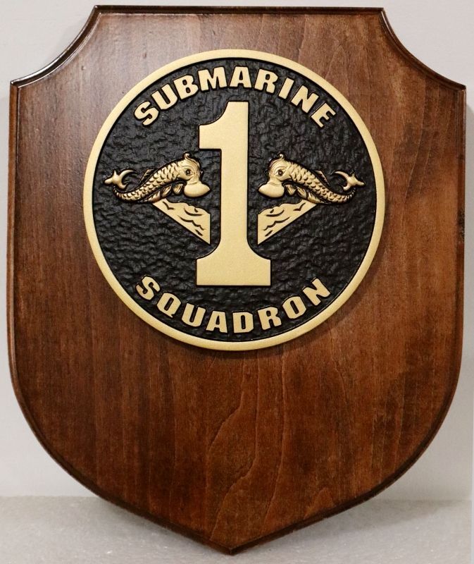 JP-2121 - Plaque of the Emblem of Submarine Squadron 1, Carved Mahogany with Bronze Finish