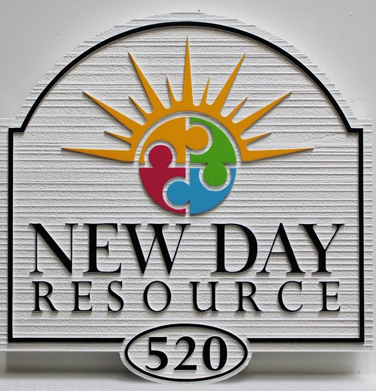 FA15945 - Carved and Sandblasted Wood Grain HDU Address Sign for "New Day Resource" School 