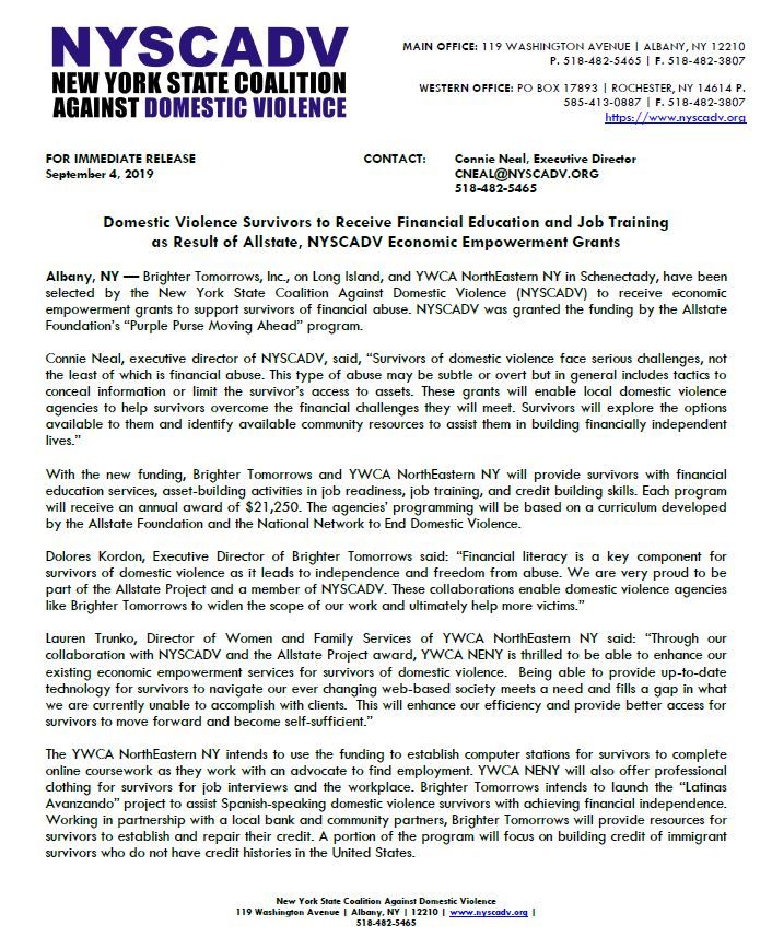 Press Release: Domestic Violence Survivors to Receive Financial Education and Job Training  as Result of Allstate, NYSCADV Economic Empowerment Grants