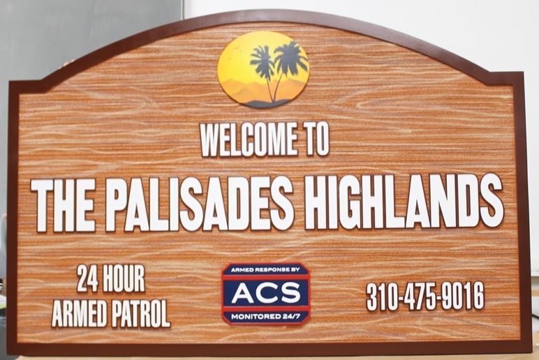 K20353 - Carved 2.5-D HDU Entrance Sign for the "The Palisades Highlands" , with a Background Painted in a Wood Grain Pattern and Artwork of a Mountain Scene at Sunset with Palm Trees 
