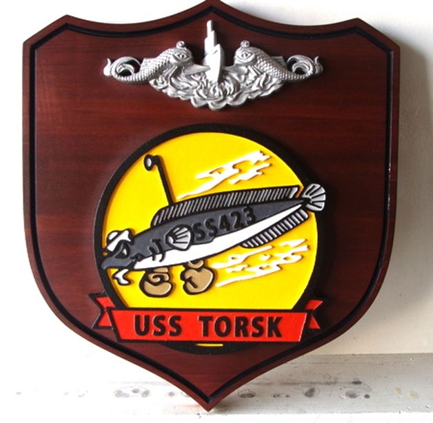 JP-2180 - Carved Shield Plaque for USS Torsk Submarine, Artist Painted on Mahogany Wood 