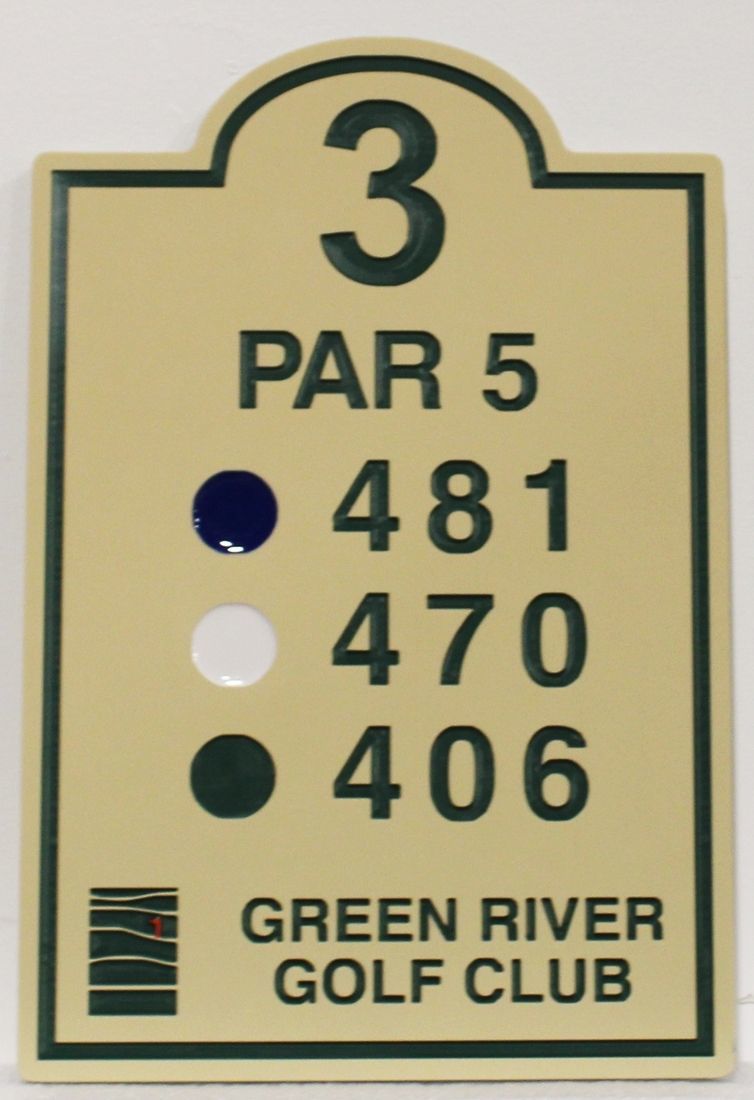 E14424 - Carved 2.5-D Raised Relief HDU Tee Sign for Hole 3 of the Green River Golf Club 