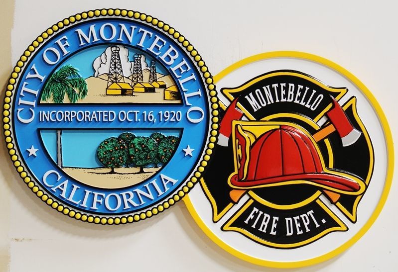 QP-3003 - Carved 2.5-D HDU Plaque of the City Seal and Fire Department Badge of the City of Montebello, California